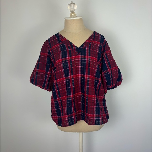 Loft Balloon Short Sleeve Top Plaid Multicolor V Neck M - Picture 1 of 4